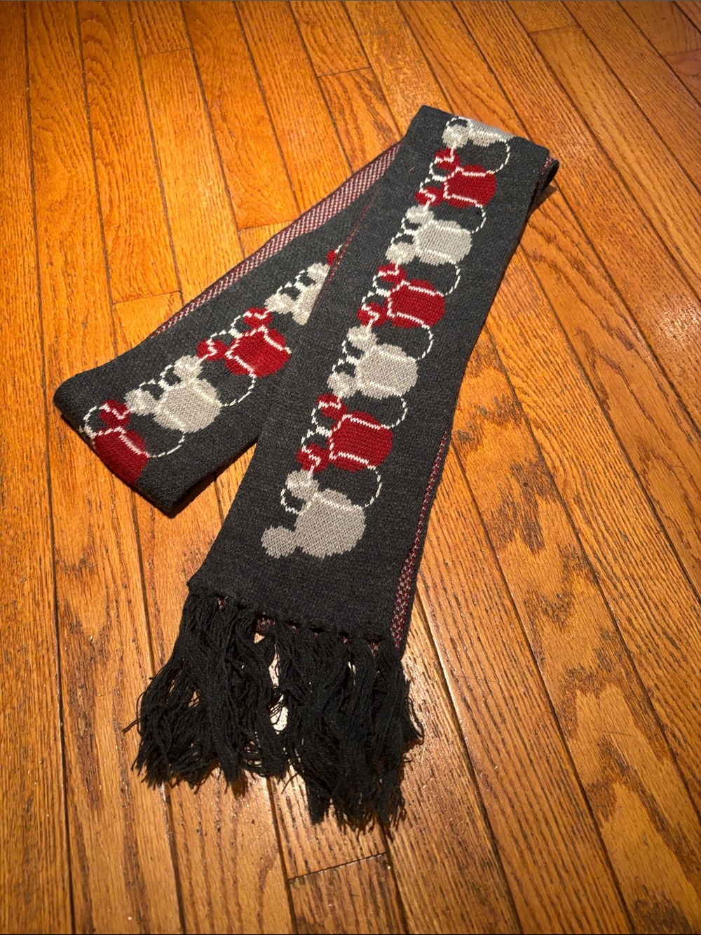 Disney World Mickey Mouse Black Wool Blend Scarf with Red and Gray Pattern